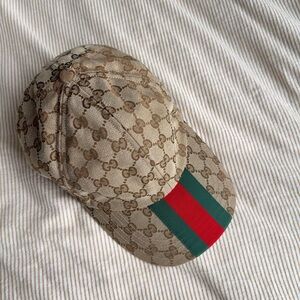 Gucci Tan Monogram Hat with Signature Stripe